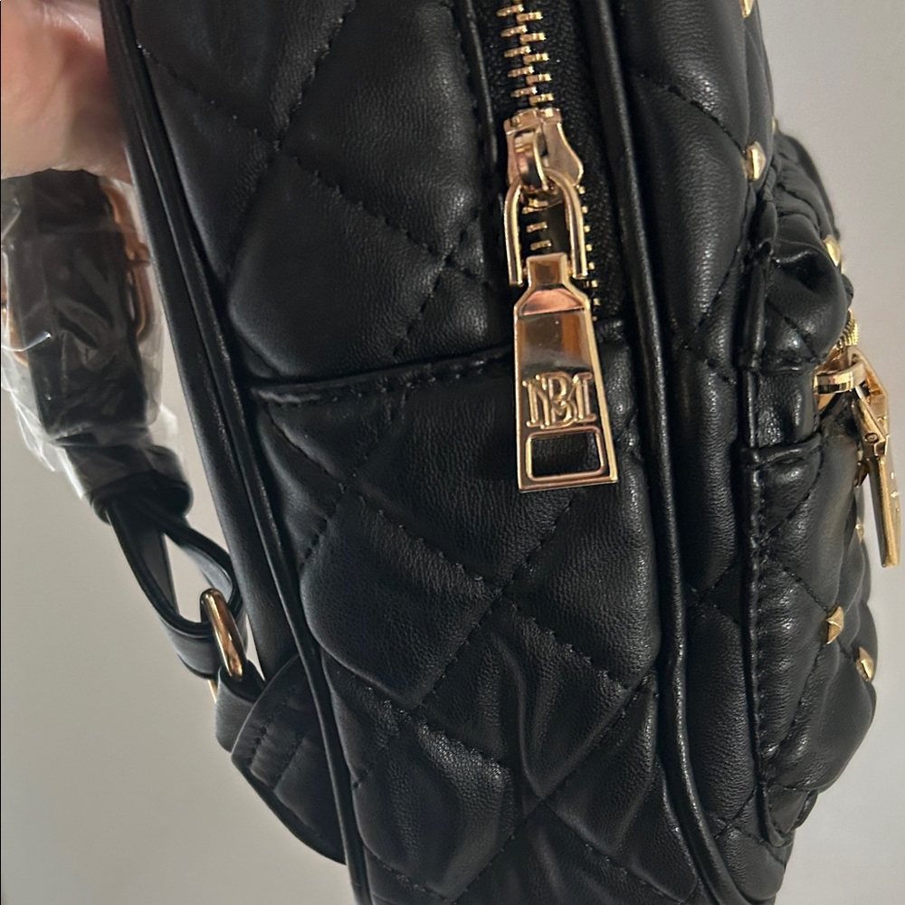 Badgley Mischka Mini Black Quilted Backpack with Gold Studs - Picture 3 of 7